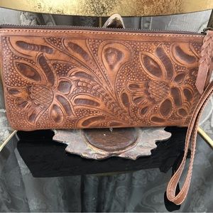 Hand tooled Leather Clutch in Natural
